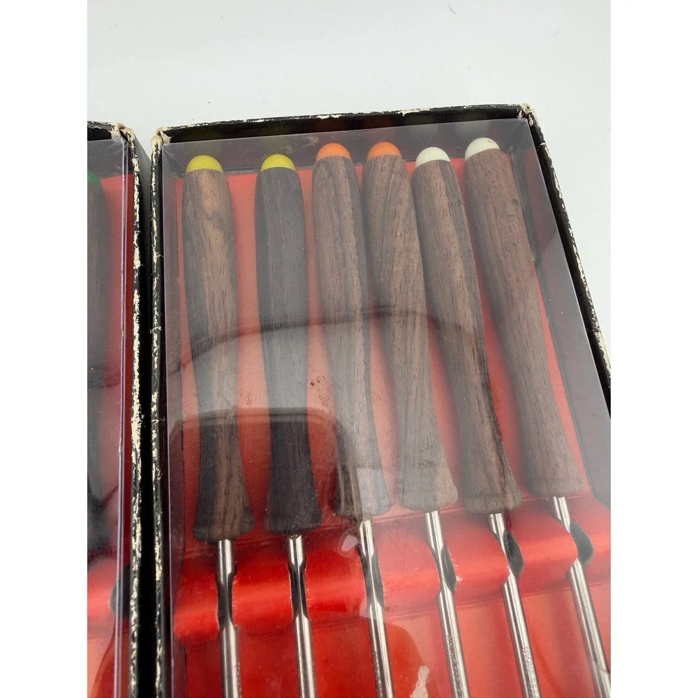 Knobler Fondue Forks Set of 12 Brown Mid‎ Century Modern Wood Japan Stainless